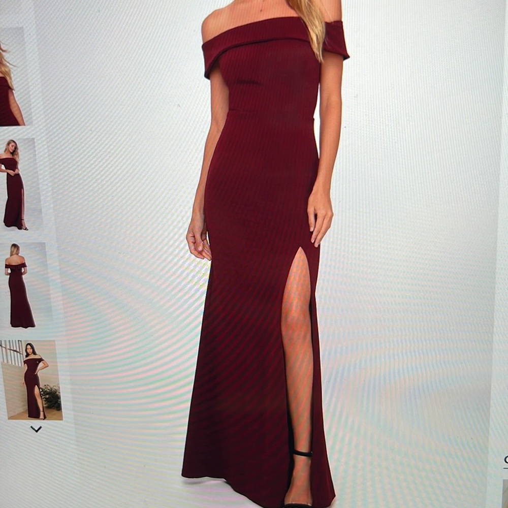 Lulus aveline burgundy off the shoulder maxi dress